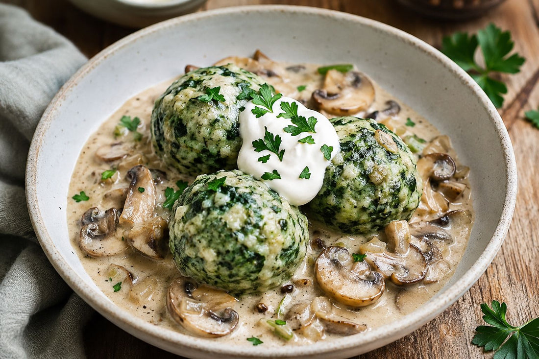 Spinat-Topfen-Knödel mit cremiger Champignon-Sauce 🍄