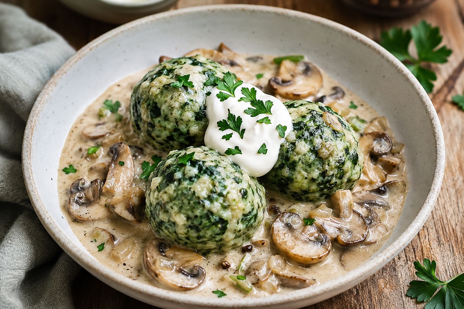 Spinat-Topfen-Knödel mit cremiger Champignon-Sauce 🍄